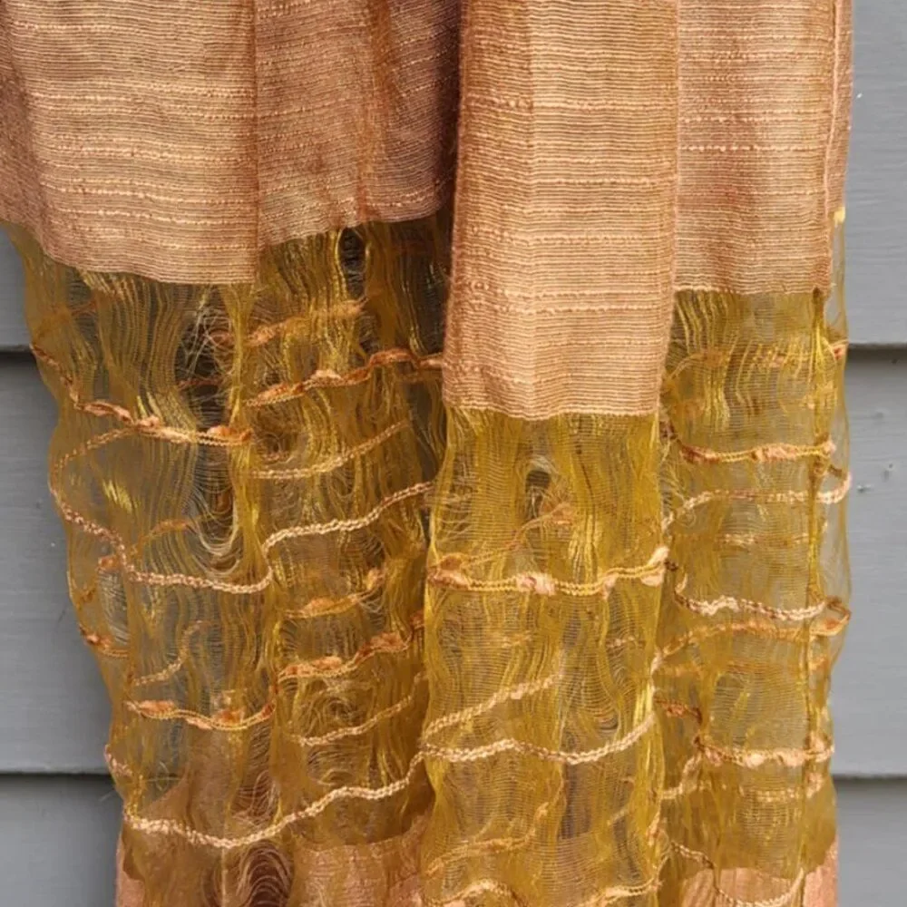 Raw Silk Feel Brown Scarf with Flowers